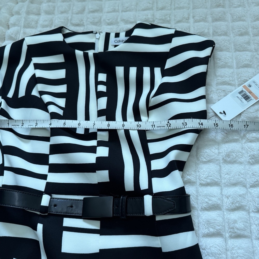 New CALVIN KLEIN 2 Petite Black White Cap Sleeve Scuba Sheath Midi Dress Belt - Picture 5 of 10